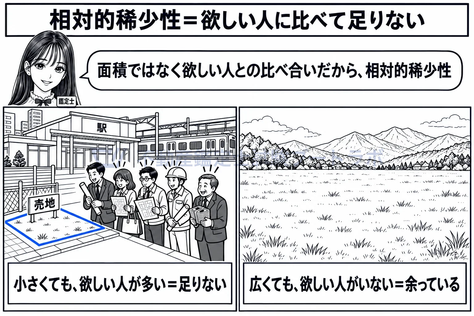 相対的稀少性の図解:面積ではなく、欲しい人との比べ合いで足りないかどうかが決まる。