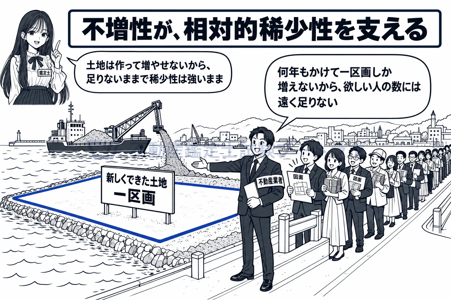 相対的稀少性の図解:埋立てで土地が少し生まれても、欲しい人の列には遠く足りない。