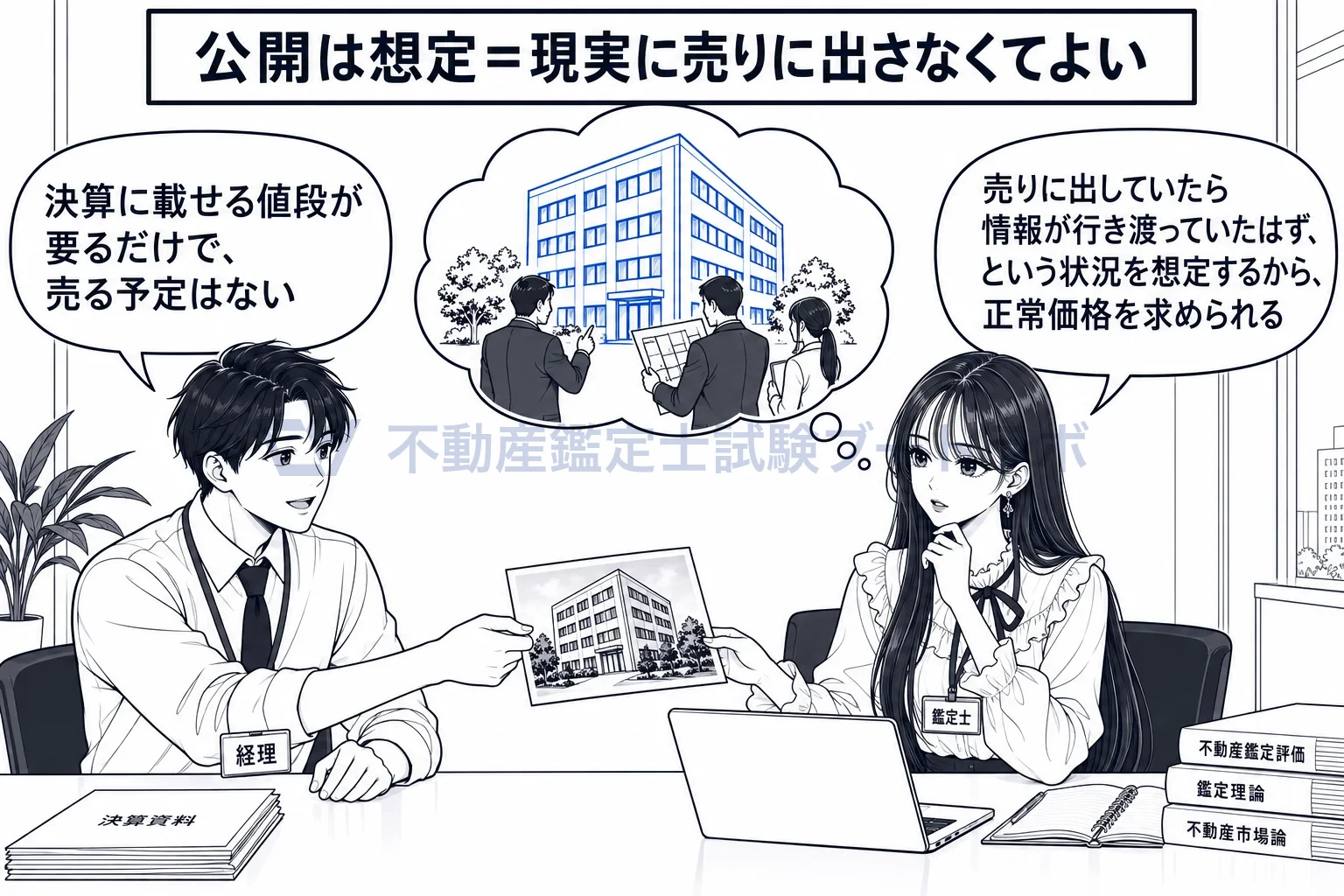 相当の期間市場に公開されていることの図解:売る予定のないビルでも、公開されていた状況を想定して正常価格を求める。