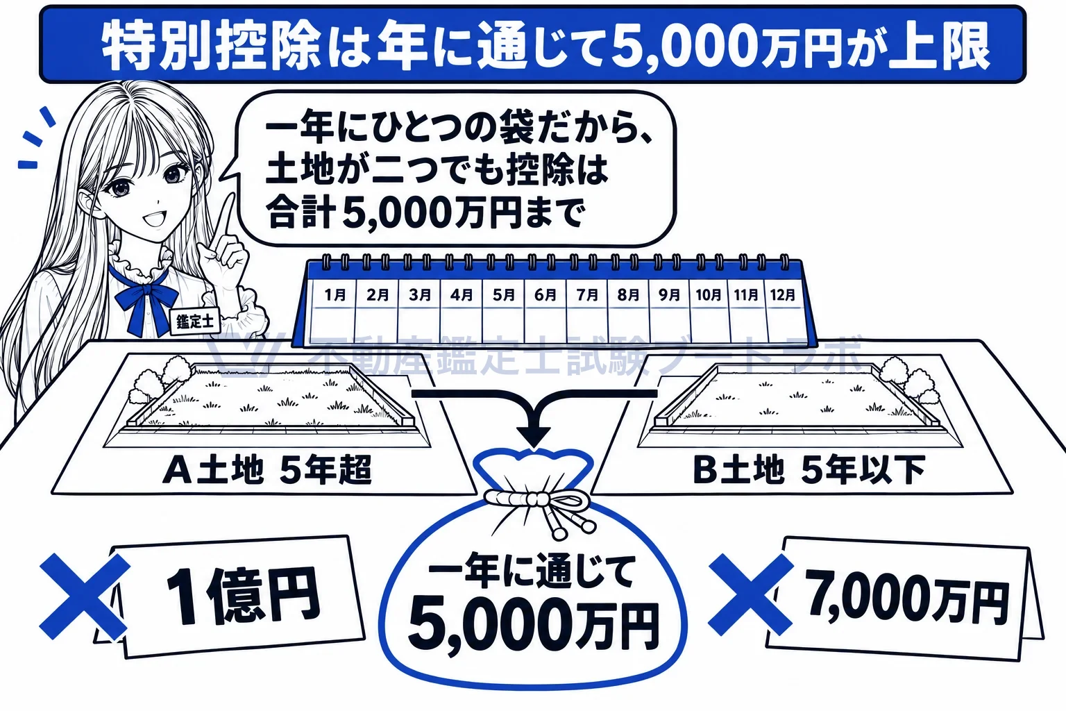 収用交換等の場合の5,000万円特別控除の図解：一年にひとつの袋だから、土地が二つでも合計5,000万円まで。