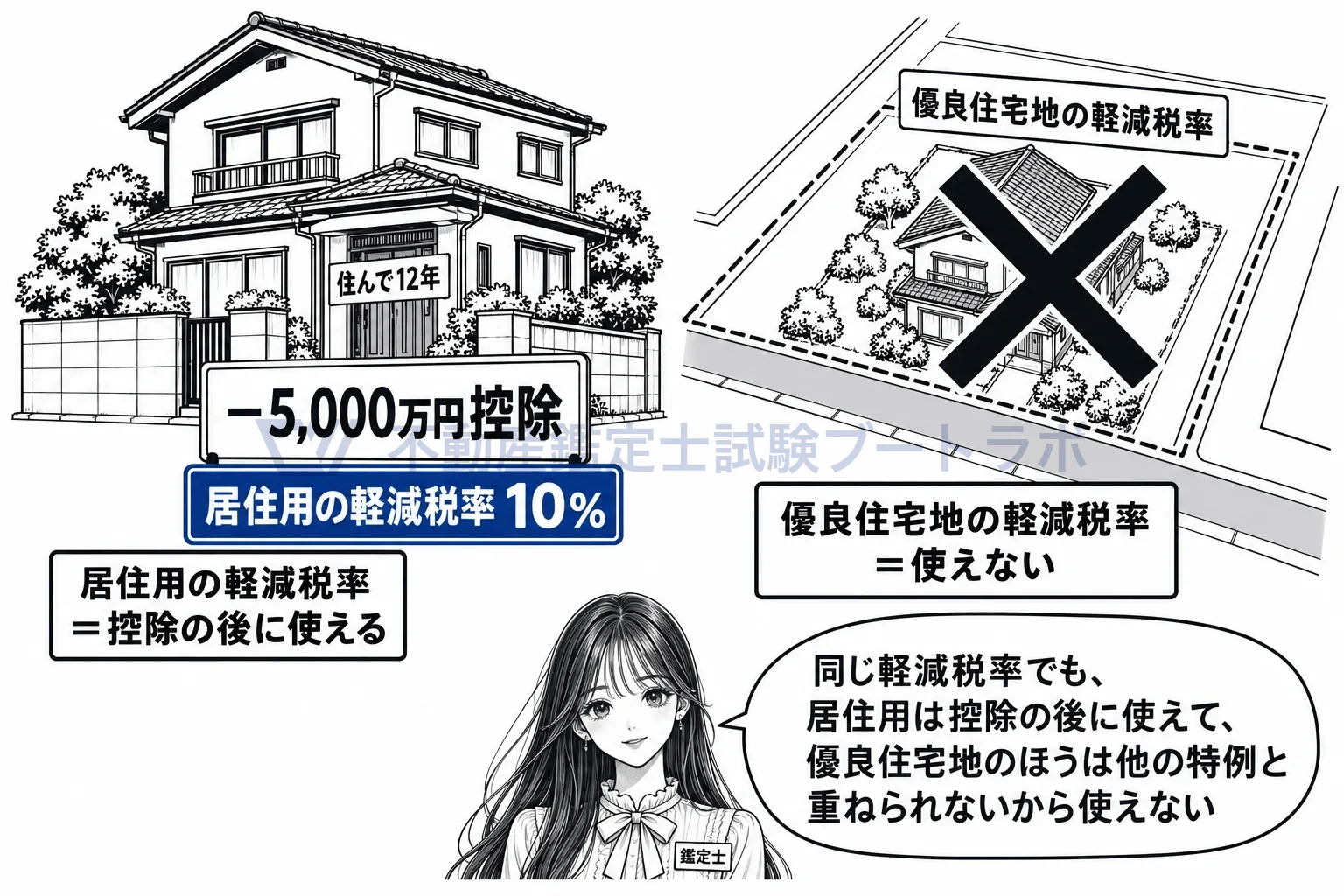 収用交換等の場合の5,000万円特別控除の図解：控除の後の残りに居住用の軽減税率は使える。優良住宅地の軽減税率は使えない。