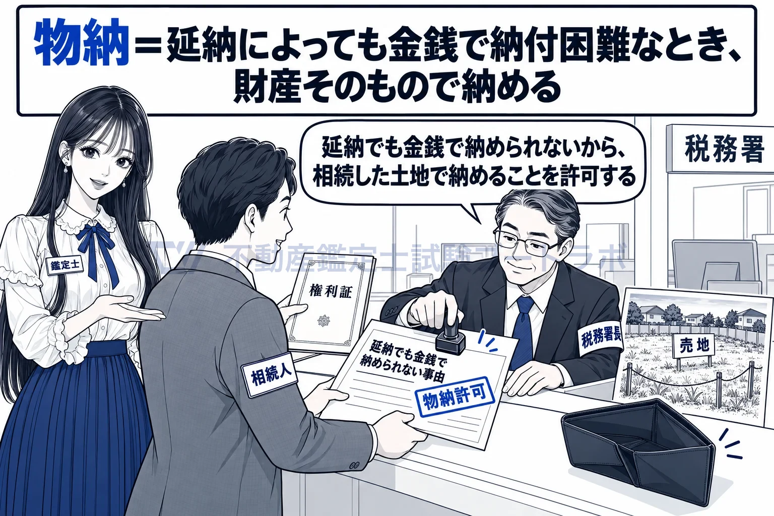 物納の図解：延納でも金銭で納められないときに、相続した土地そのもので納める。
