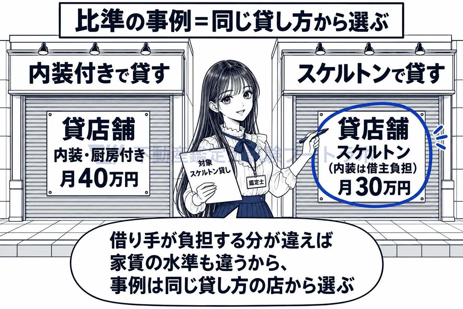 スケルトン貸しの図解：内装付きの店とスケルトンの店では家賃の水準が違うから、事例は同じ貸し方から選ぶ。
