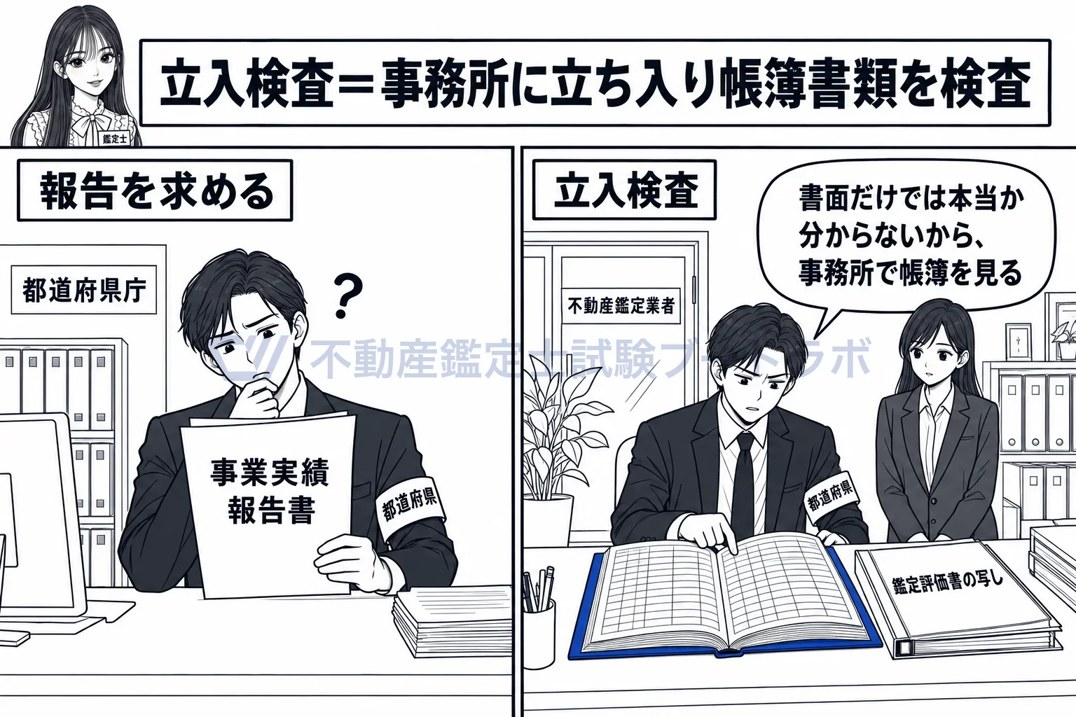 立入検査の図解：書面の報告だけでは分からないから、現場で帳簿を見る。