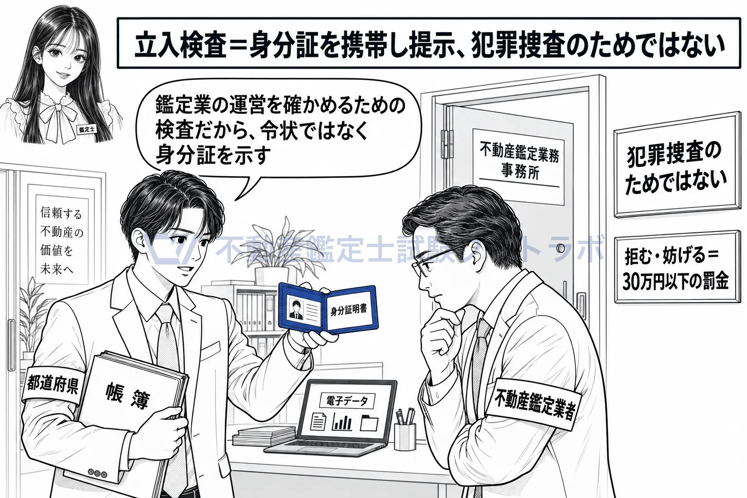 立入検査の図解：身分証を示して帳簿を検査する。捜査のためではない。