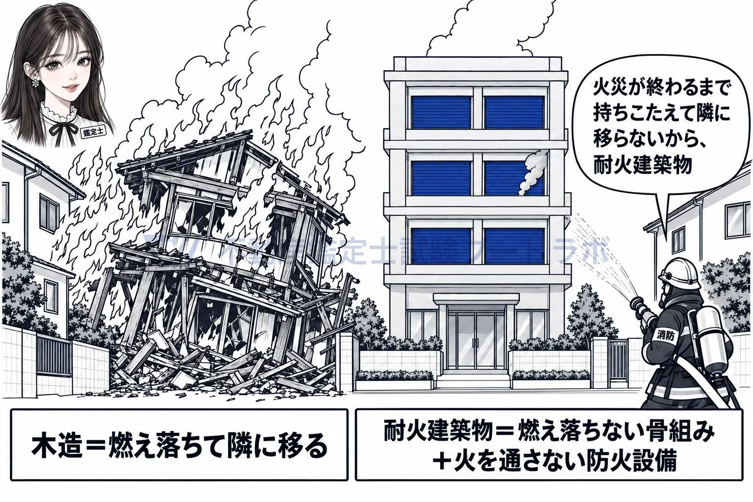 耐火建築物の図解：火災が終わるまで骨組みが持ちこたえ、窓からも火を出さない。