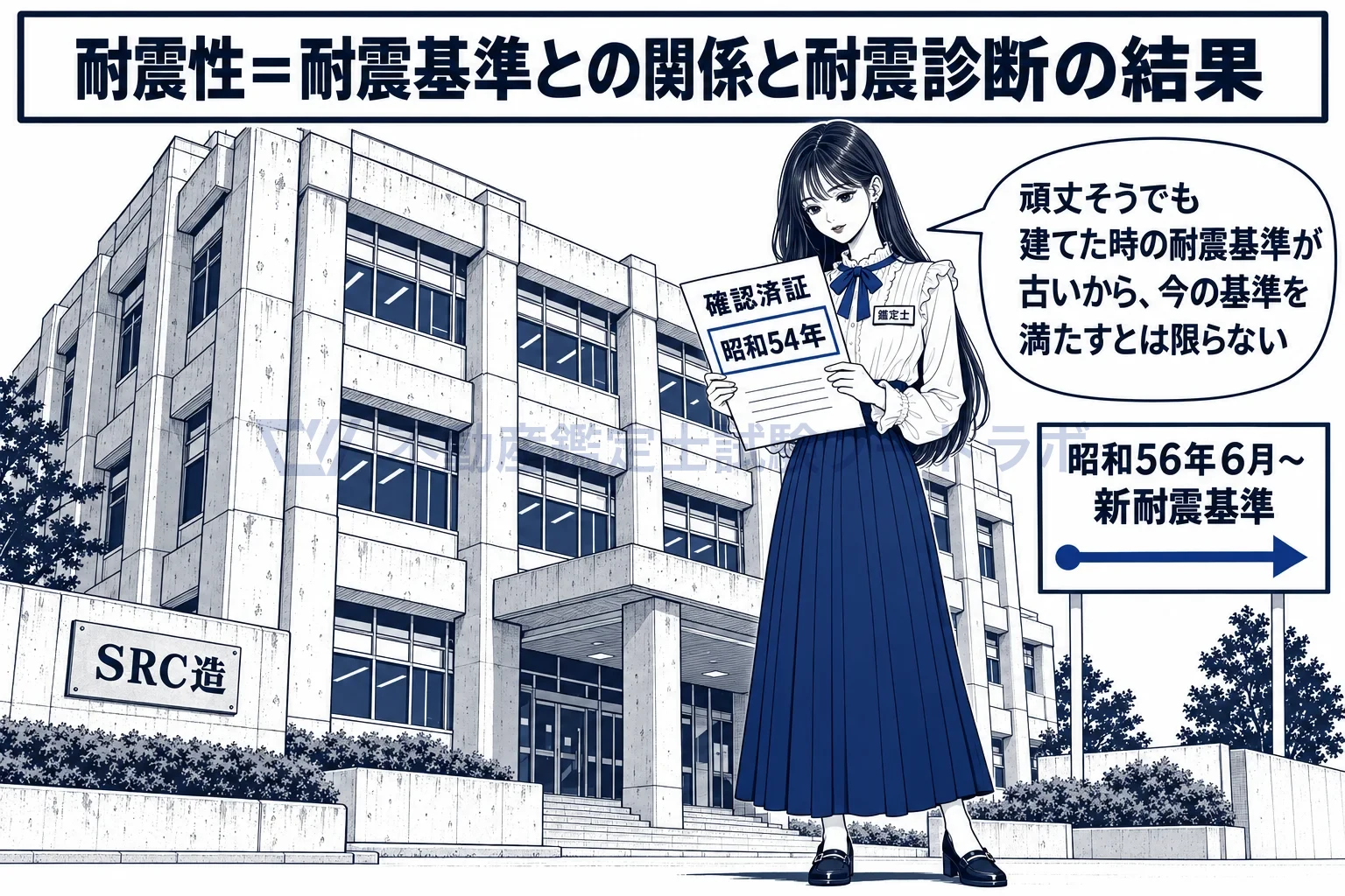 耐震性の図解：頑丈そうに見えても、建てた当時の耐震基準が古ければ今の基準を満たすとは限らない。