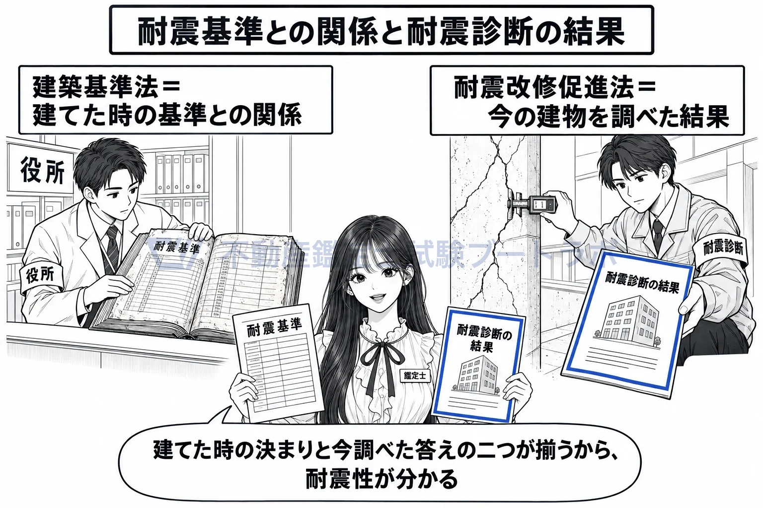 耐震性の図解：建てた時の基準との関係と、今の建物を調べた診断の結果の二つで見る。