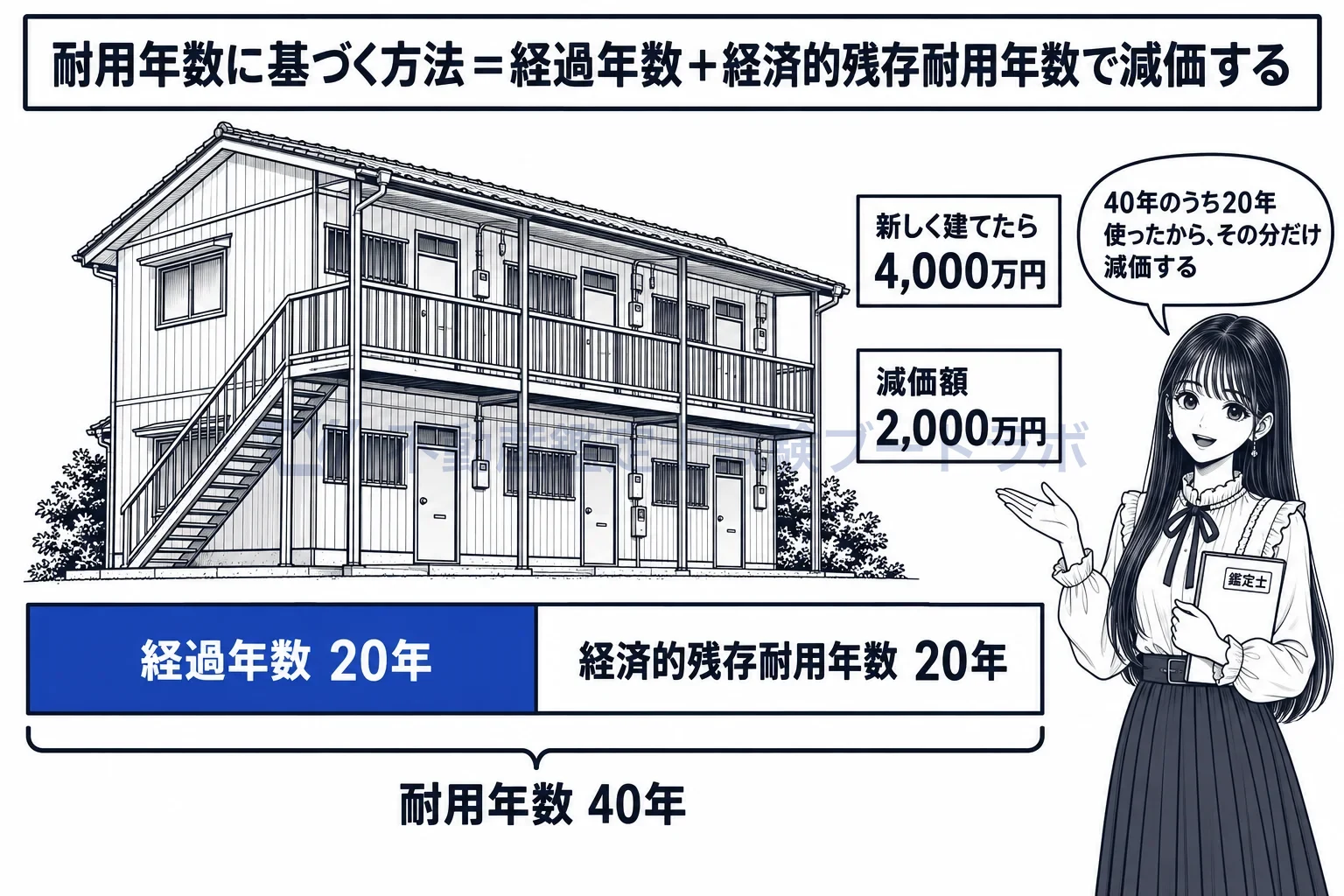 耐用年数に基づく方法の図解：使える年数のうち、使った年数の分だけ減価する。