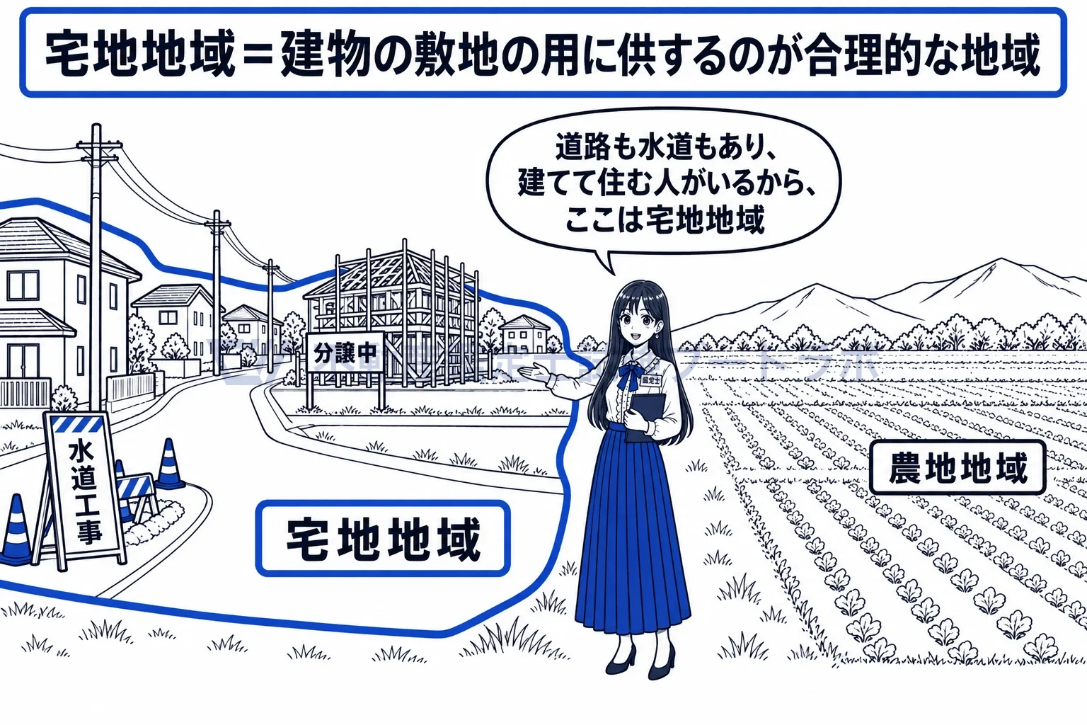 宅地地域の図解:道路と水道があり、建てる人がいるから、ここは宅地地域。