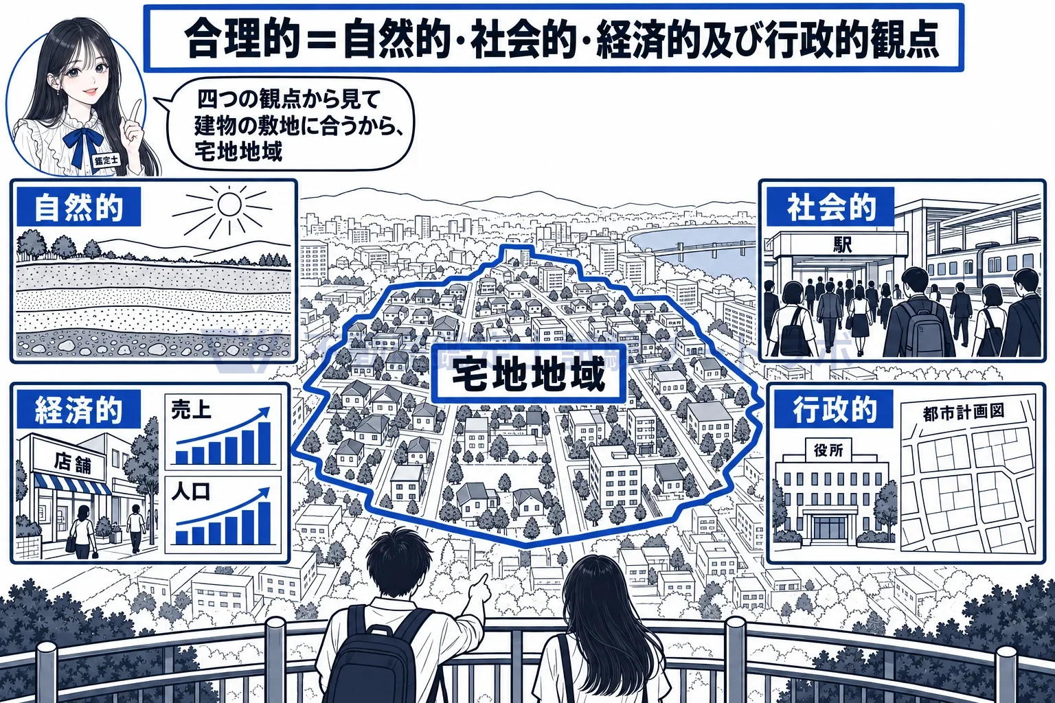 宅地地域の図解:自然・社会・経済・行政の四つの観点から見て合理的なら宅地地域。