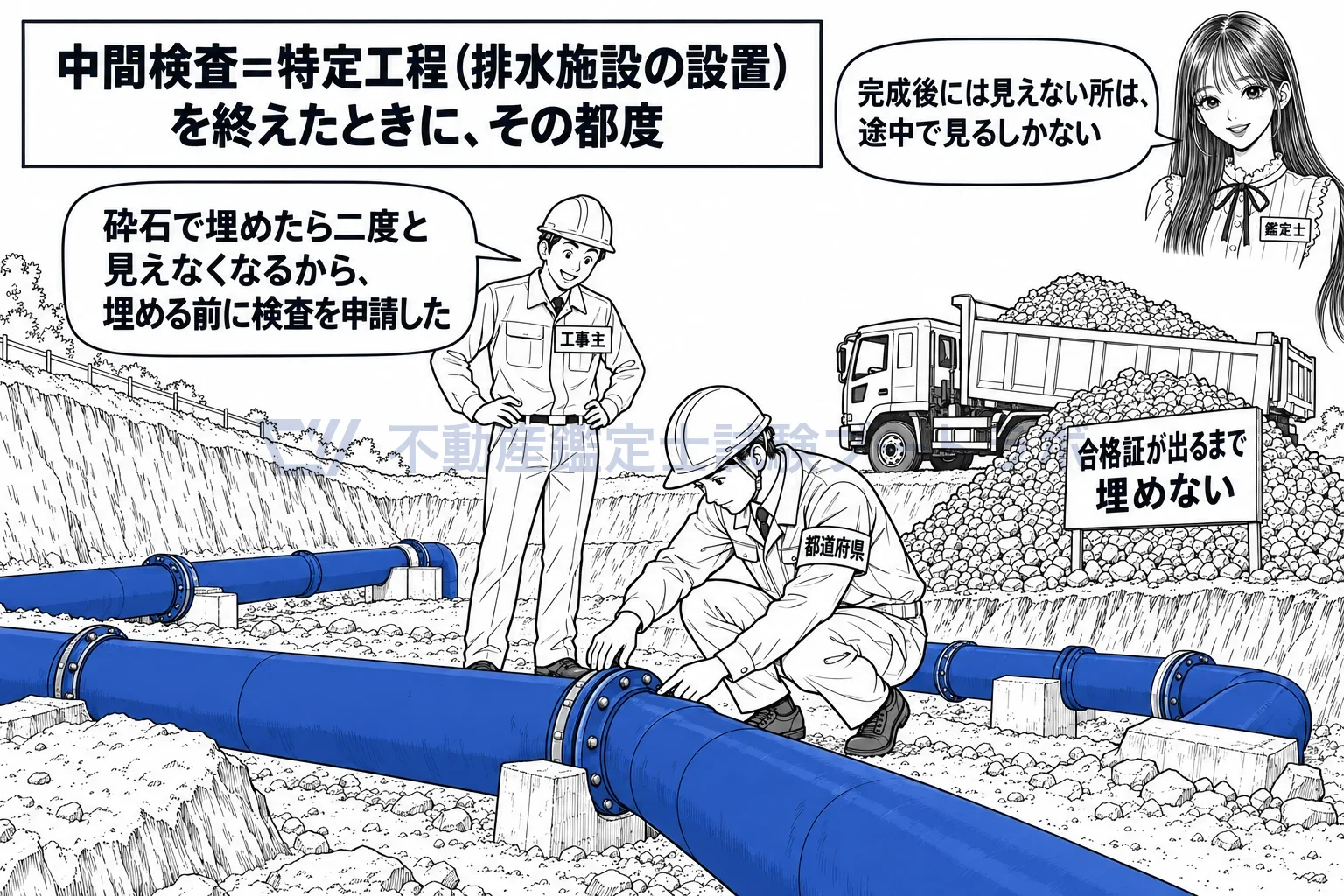 中間検査の図解：埋めたら見えなくなる排水施設を、埋める前に知事が検査する。