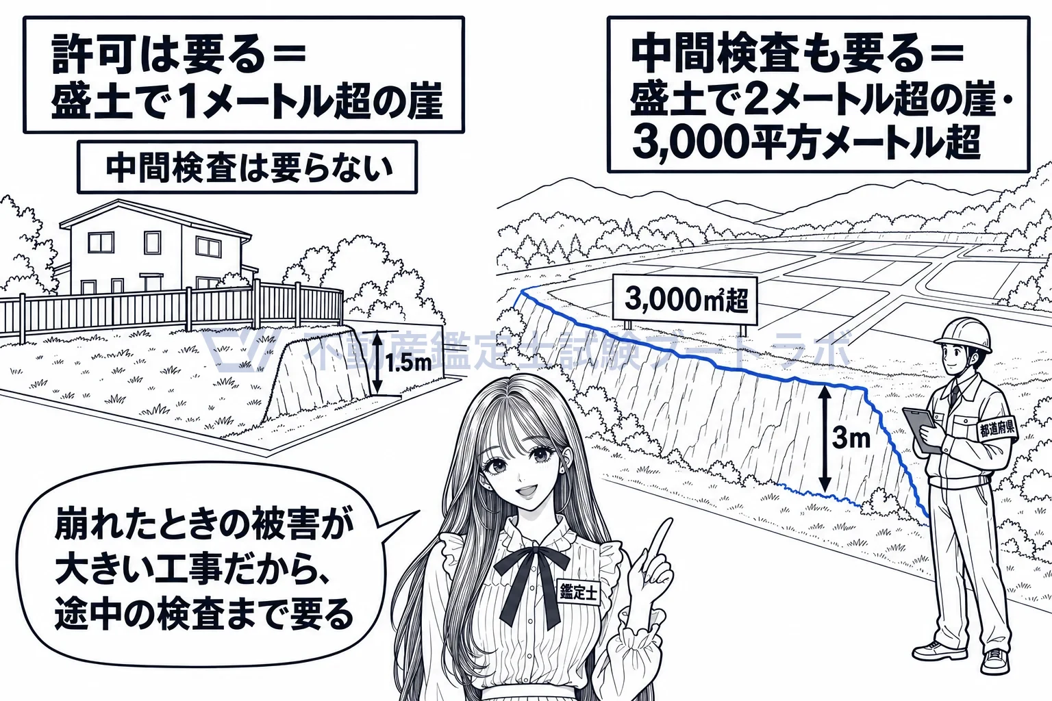 中間検査の図解：許可は500平方メートル超から、中間検査は3,000平方メートル超から。