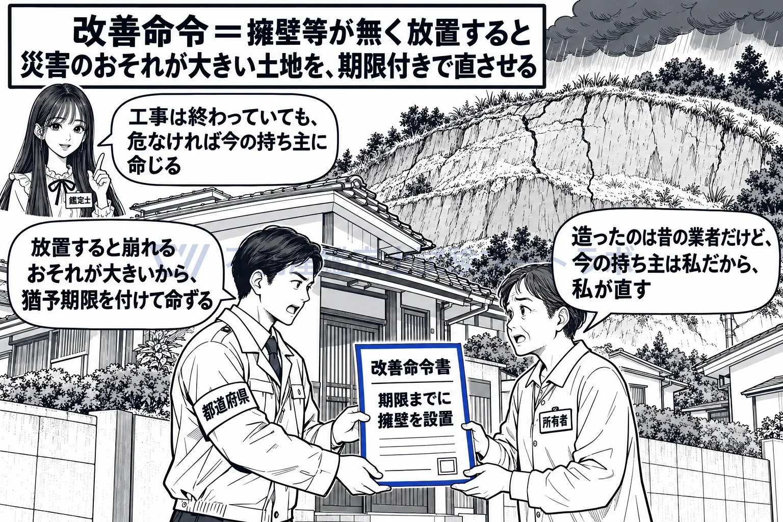 改善命令の図解：工事が終わって持ち主が変わった危ない造成地を、今の持ち主に直させる。
