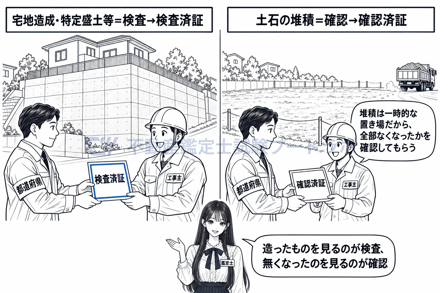 完了検査の図解：造成は検査で検査済証、土石の堆積は確認で確認済証。