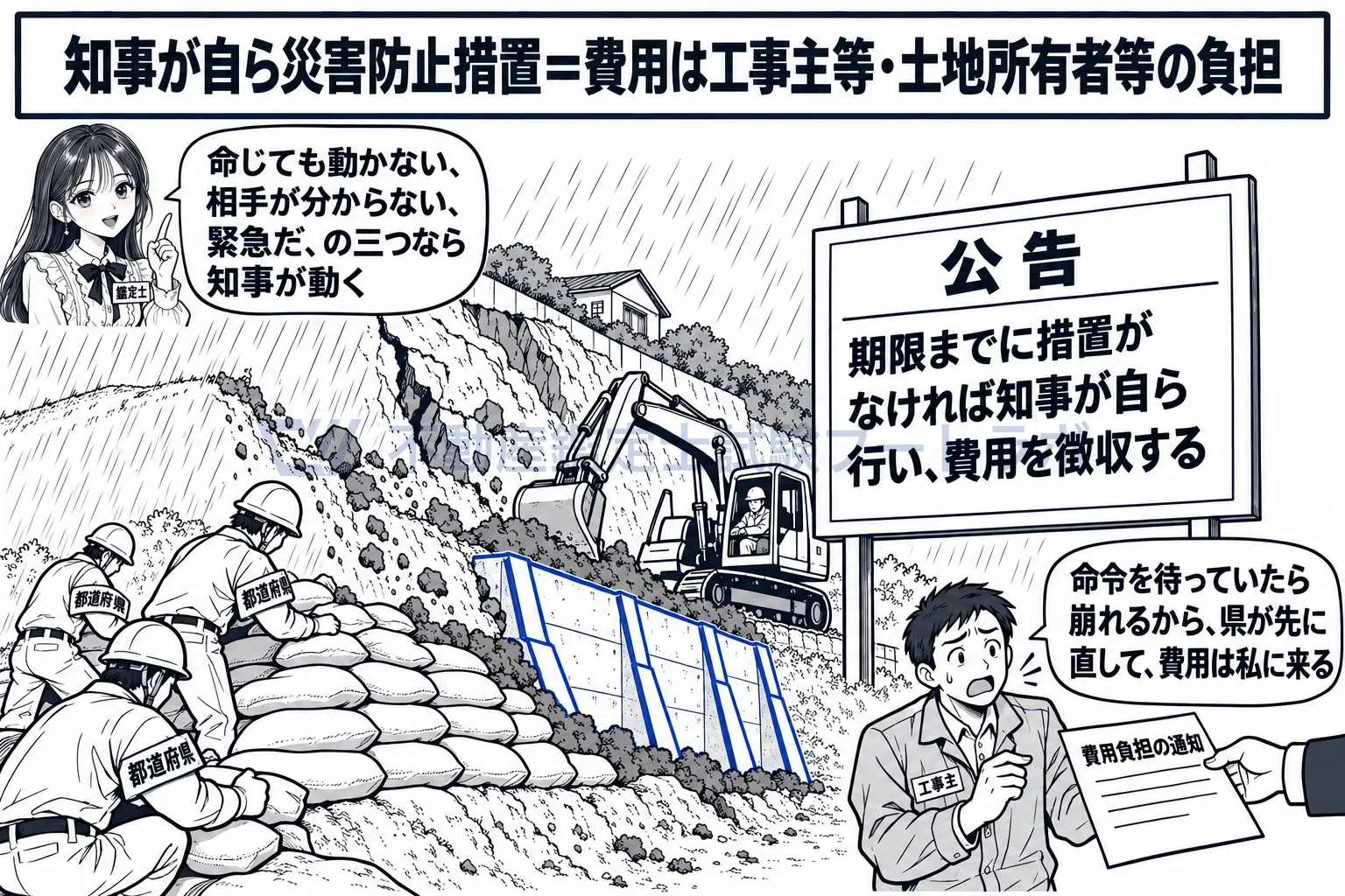監督処分の図解:待てないときは知事が自ら直し、費用はあとで徴収する。