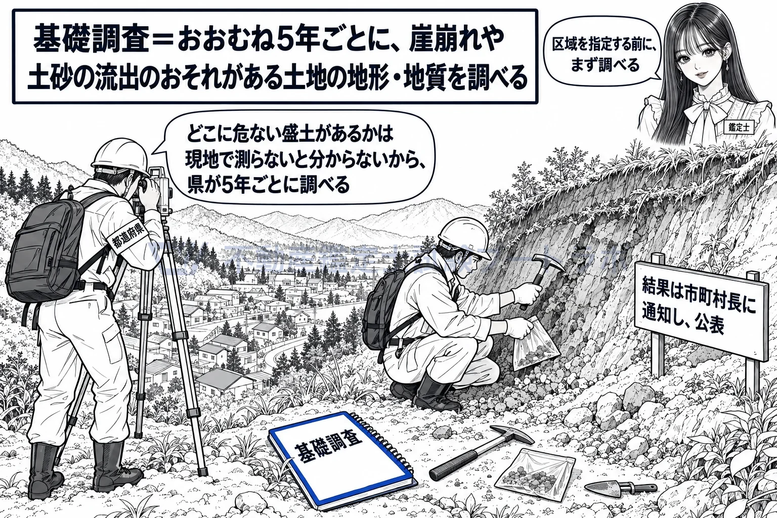 基礎調査の図解：県内のどこに危ない盛土や崖があるかを、都道府県が5年ごとに調べる。