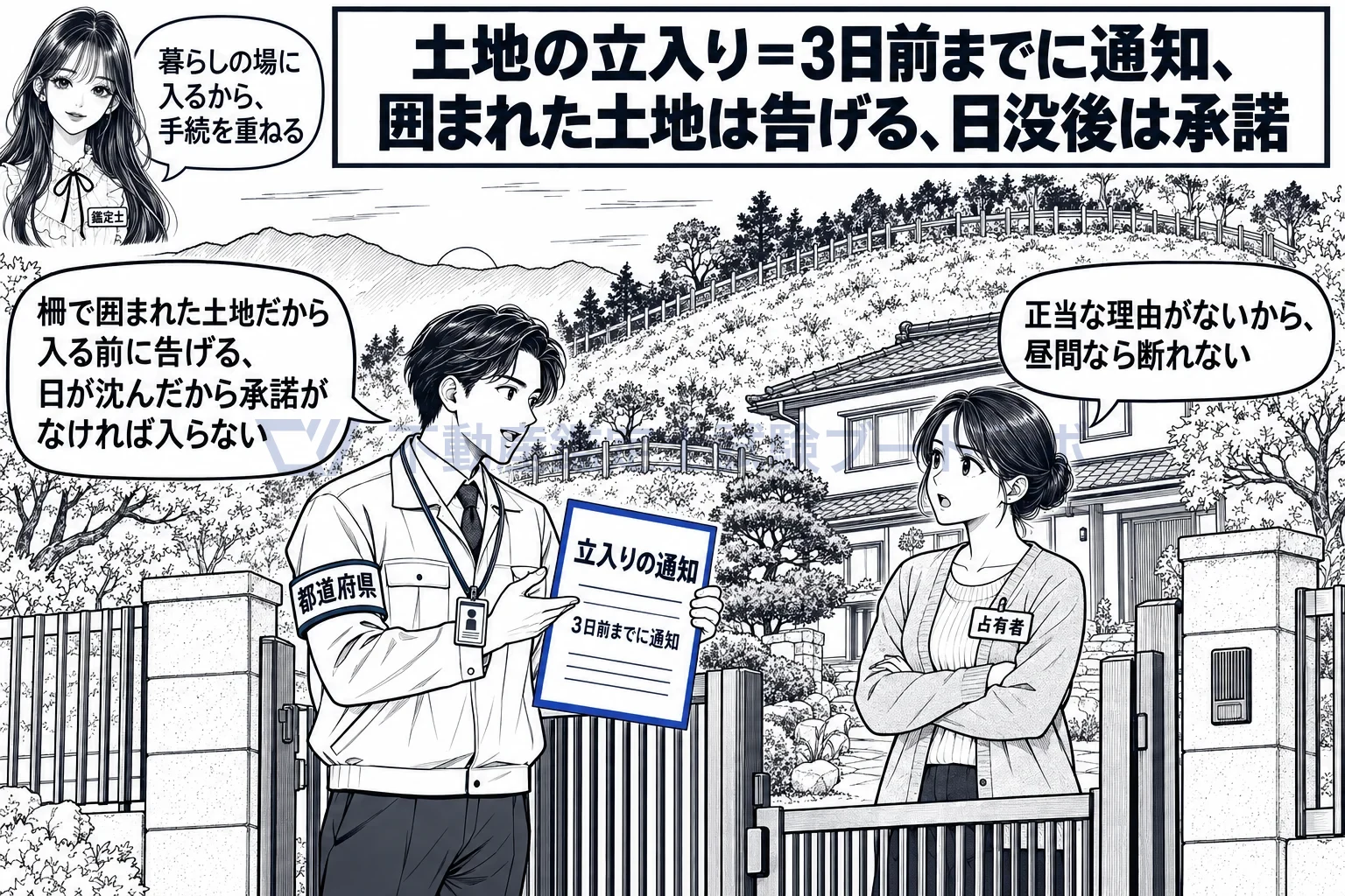 基礎調査の図解：柵で囲まれた土地は入る際に告げ、日没後は承諾がなければ入れない。