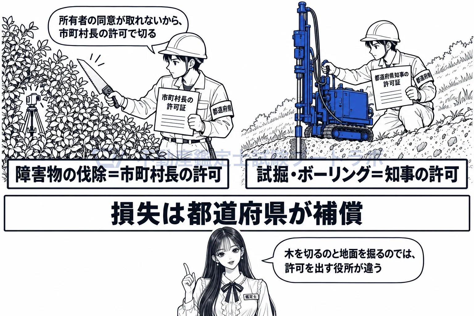 基礎調査の図解：垣や柵を切るなら市町村長、地面を掘るなら知事の許可。