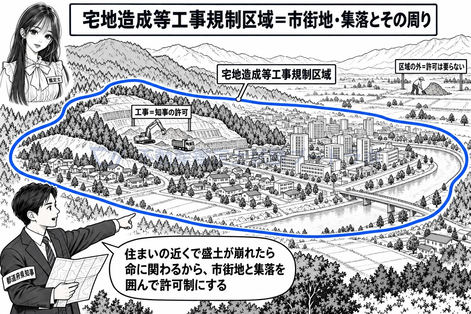 宅地造成等工事規制区域の図解:住まいの近くで盛土が崩れたら命に関わるから、市街地と集落を囲んで許可制にする。