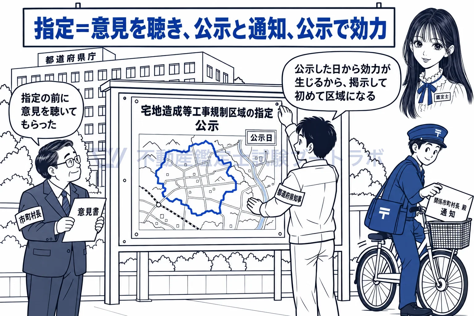 宅地造成等工事規制区域の図解:公示した日から効力が生じるから、掲示して初めて区域になる。