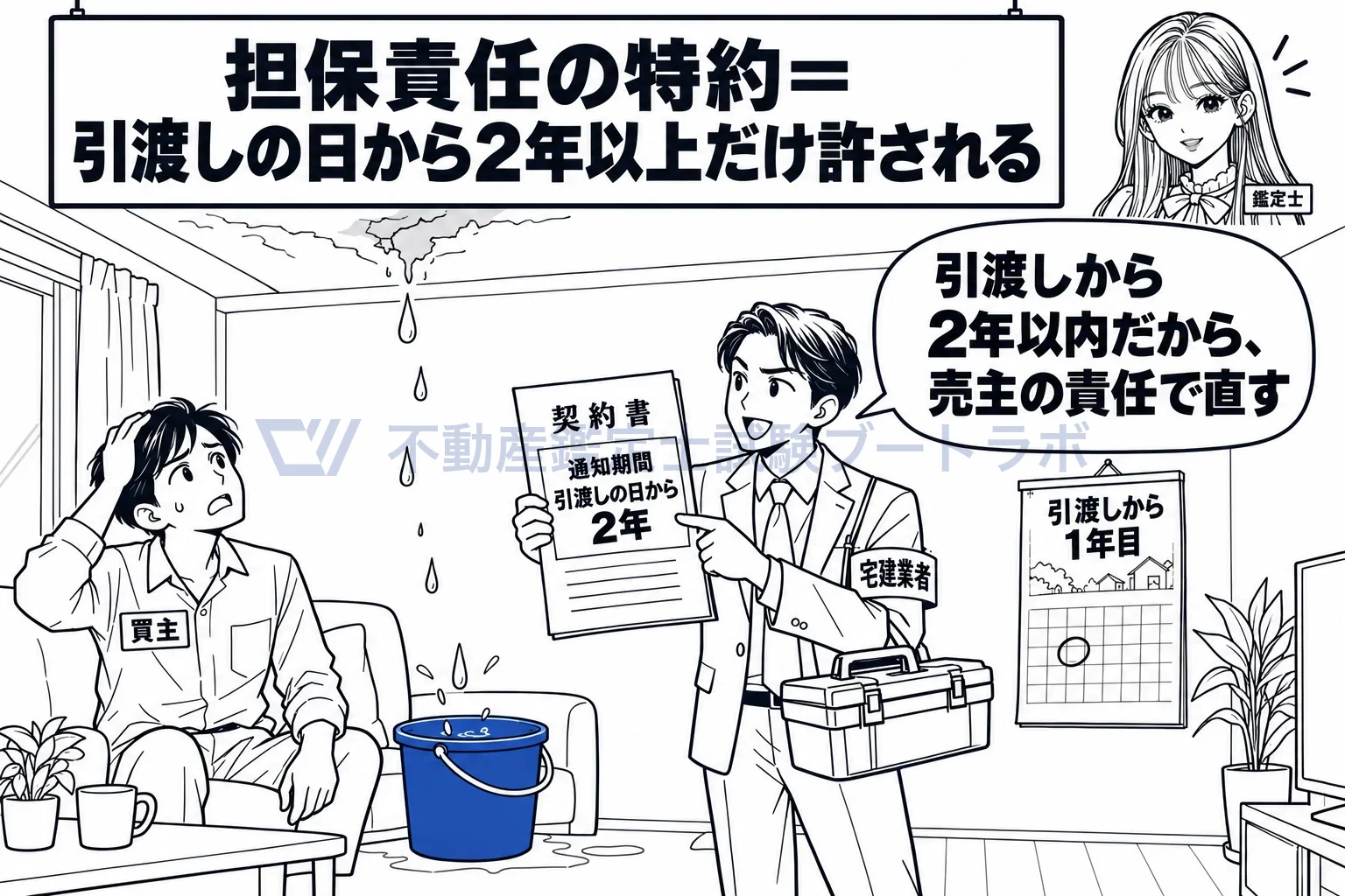 担保責任の特約の制限の図解:引渡し後に見つかった雨漏りは、引渡しから2年以内なら業者の責任。