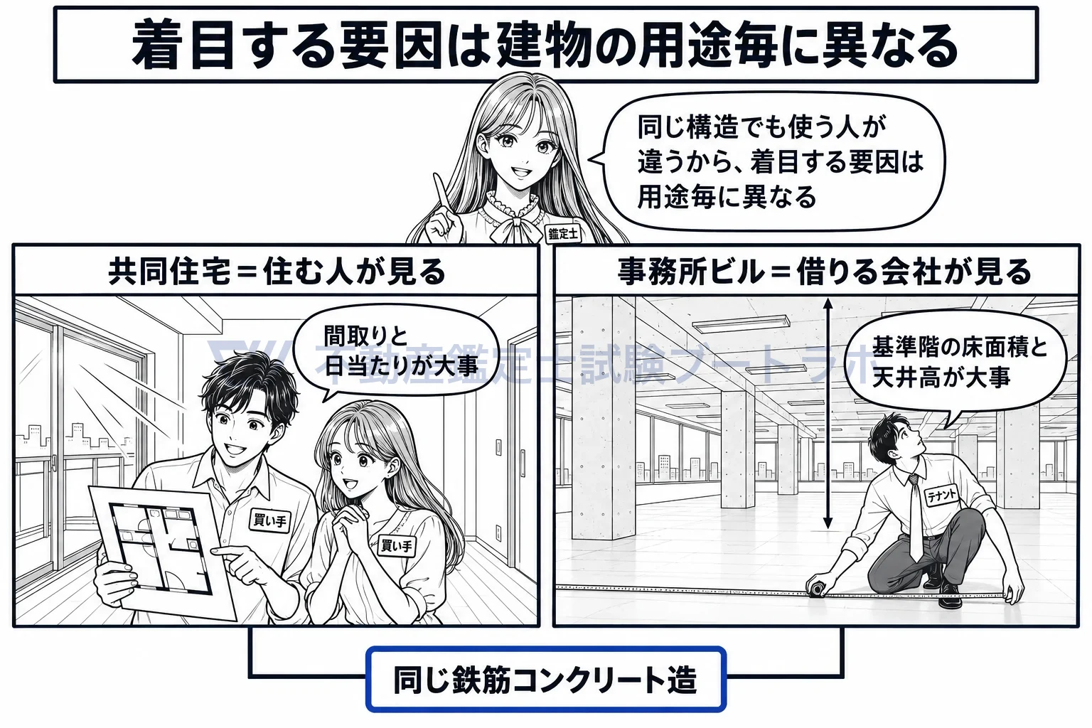 建物の各用途に共通する個別的要因の図解：同じ構造でも、住む人と借りる会社では見る項目が違う。