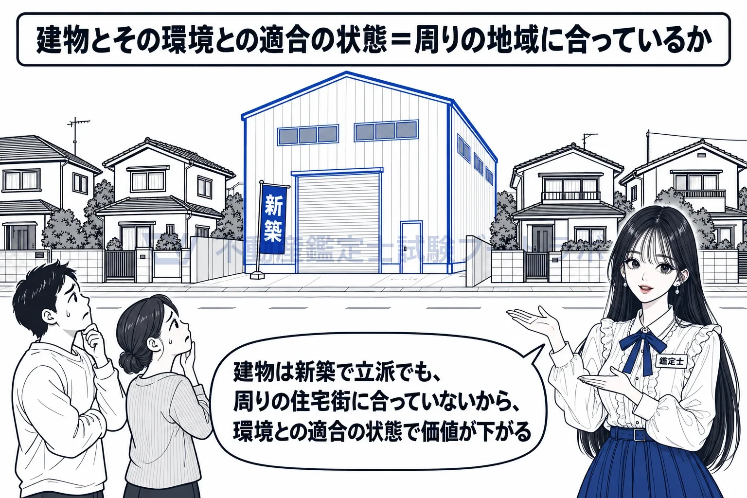 建物の各用途に共通する個別的要因の図解：建物が立派でも、周りの街並みに合っていなければ価値は下がる。