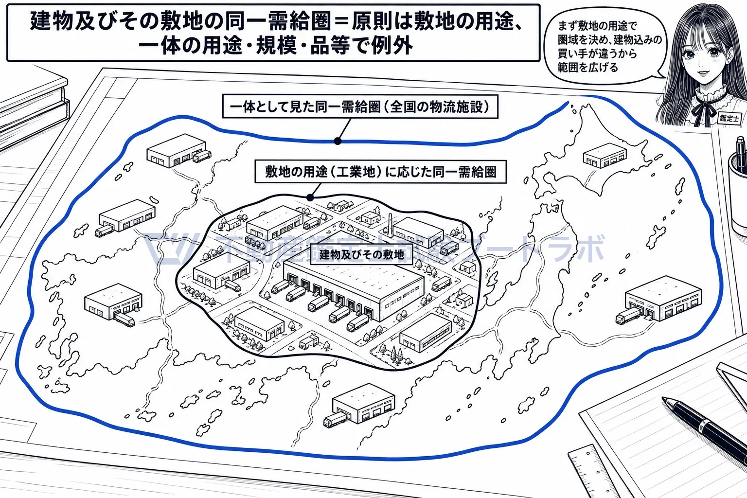 建物及びその敷地の同一需給圏の図解:まず敷地の用途で圏域を決め、建物込みの買い手が違えば範囲を変える。