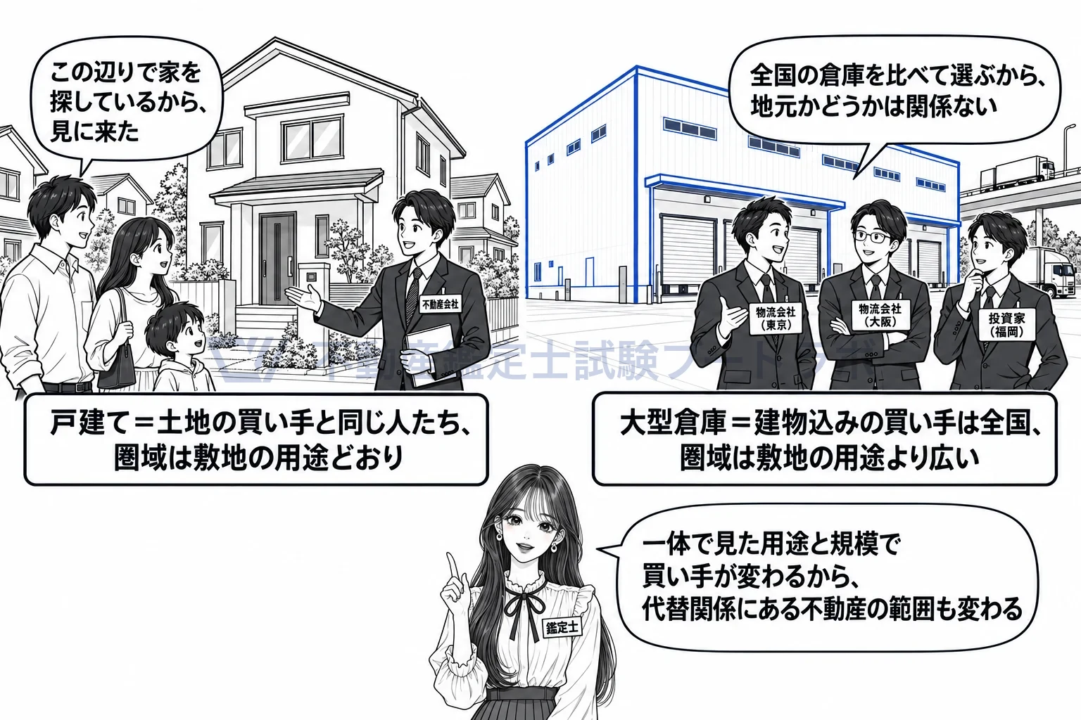 建物及びその敷地の同一需給圏の図解:中古の戸建ては近所の家族が、大型倉庫は全国の物流会社が買いに来る。