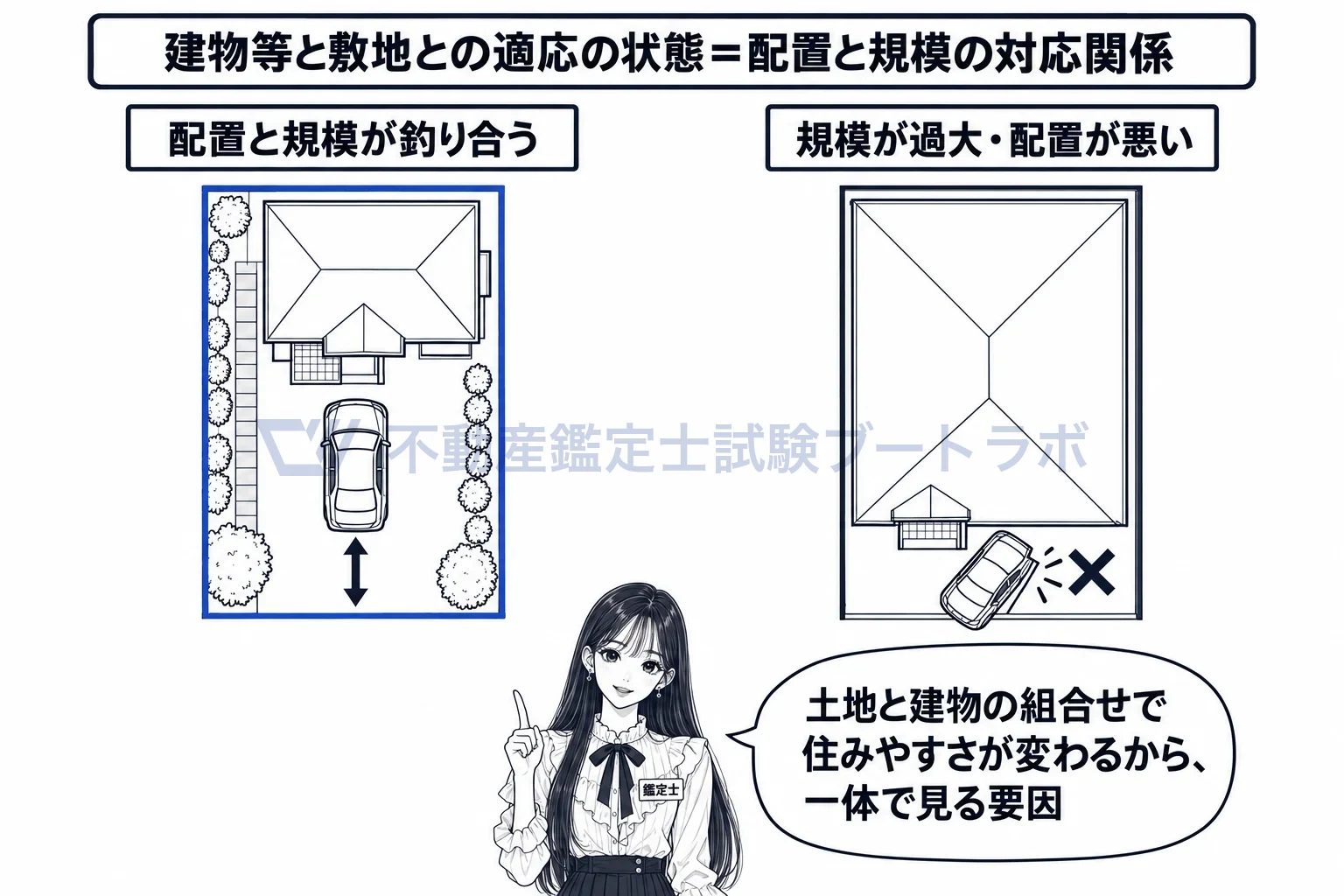 建物等と敷地との適応の状態の図解：同じ土地でも、建物と駐車場と庭の配置と規模で住みやすさが変わる。
