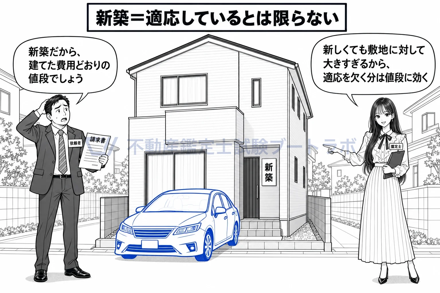 建物等と敷地との適応の状態の図解：新築でも、敷地に対して大きすぎれば適応を欠く分は値段に効く。