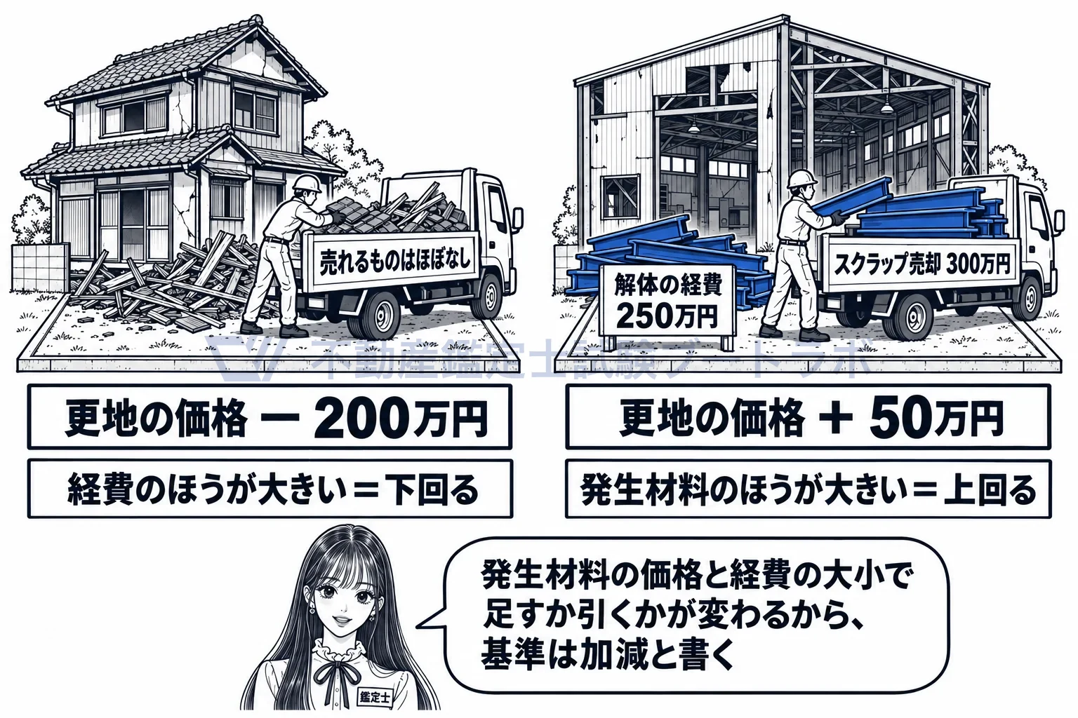 建物を取り壊すことが最有効使用と認められる場合の図解：木造の古家は差し引き、鉄骨の工場は上乗せになることもある。