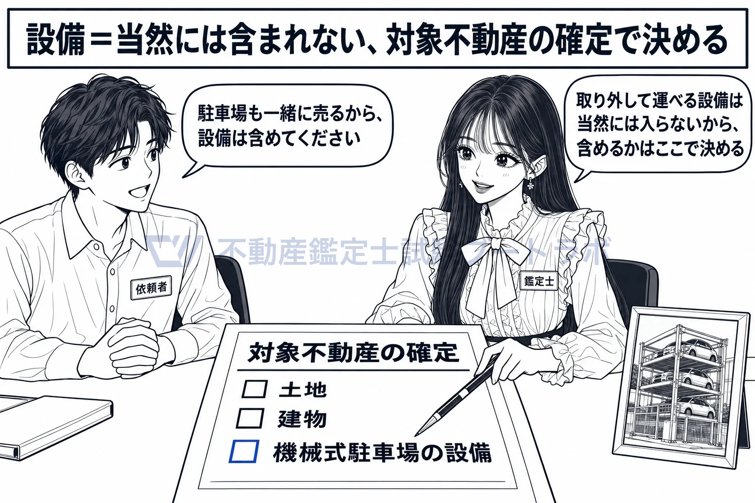 定着物の図解：設備を含めるかは、対象不動産の確定で依頼内容から決める。
