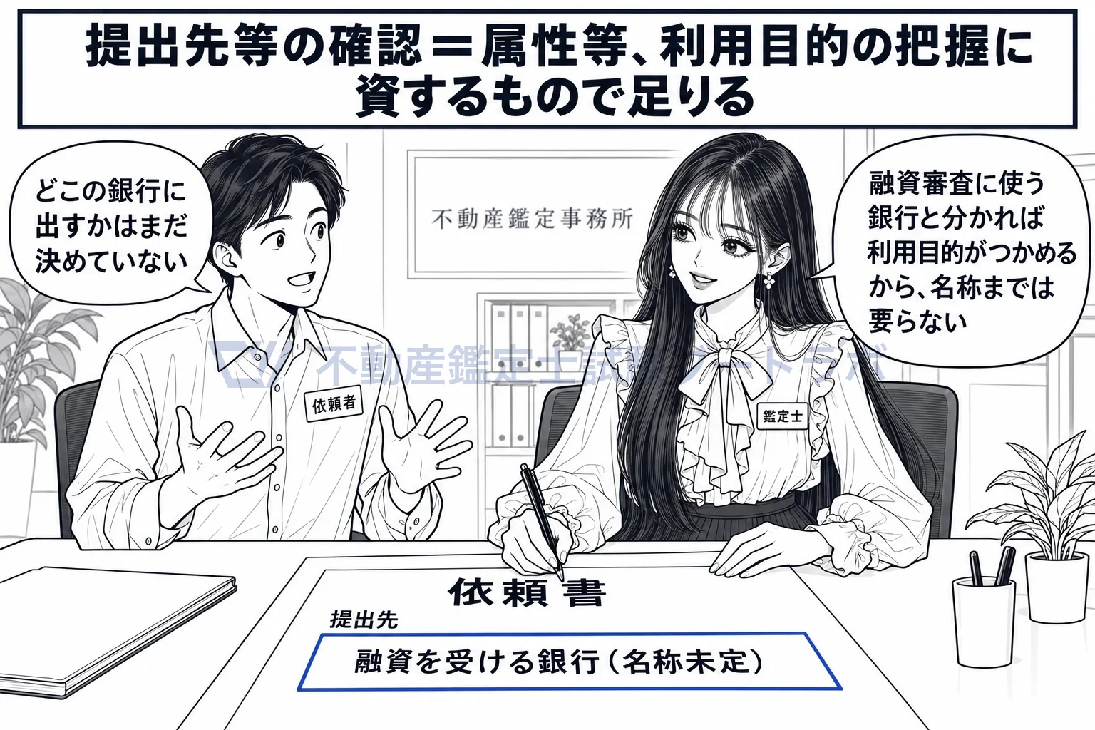 提出先等の図解：銀行の名前が決まっていなくても、融資審査に使うと分かれば足りる。