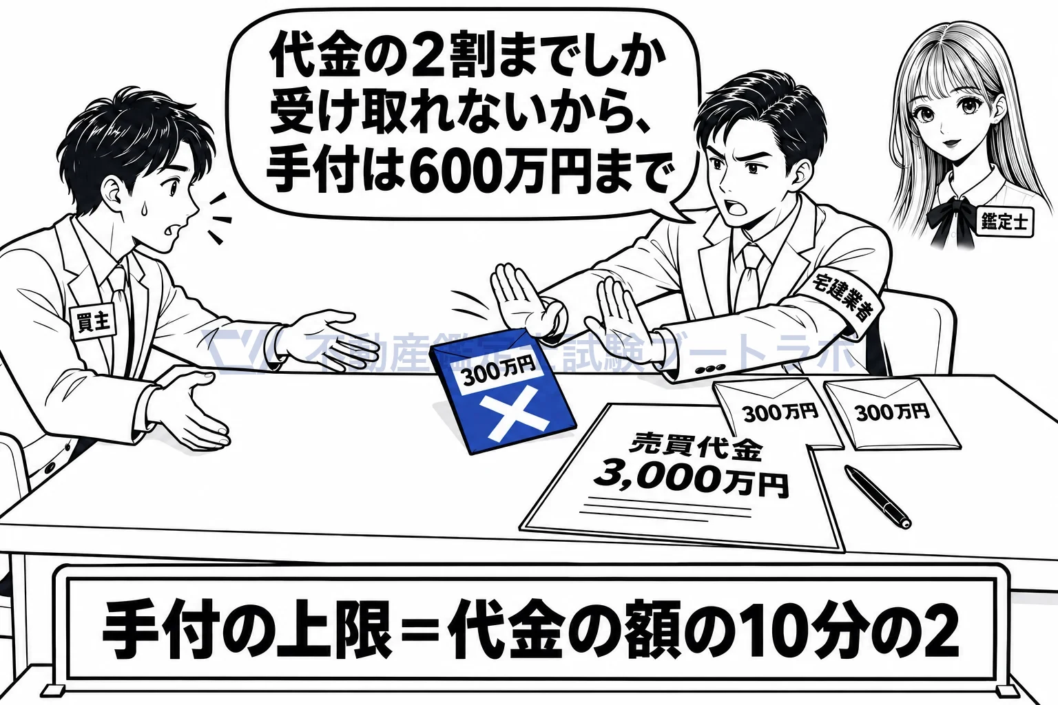手付の額の制限の図解：代金3,000万円なら、手付は600万円まで。
