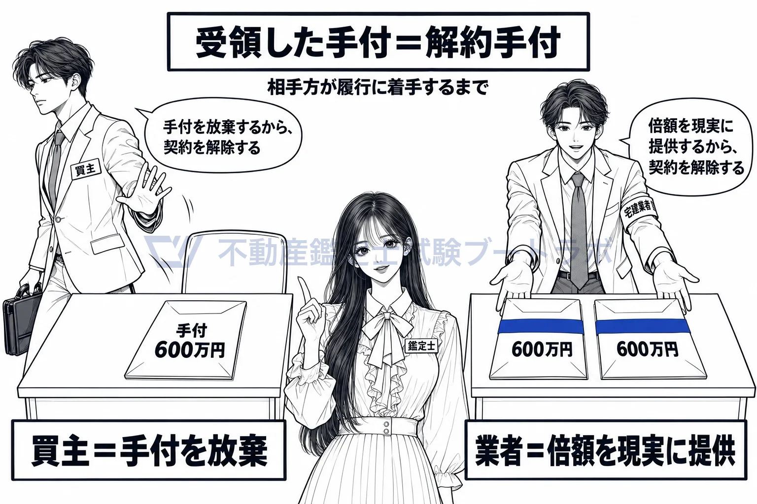 手付の額の制限の図解：買主は手付を放棄して、業者は倍額を差し出して解除する。