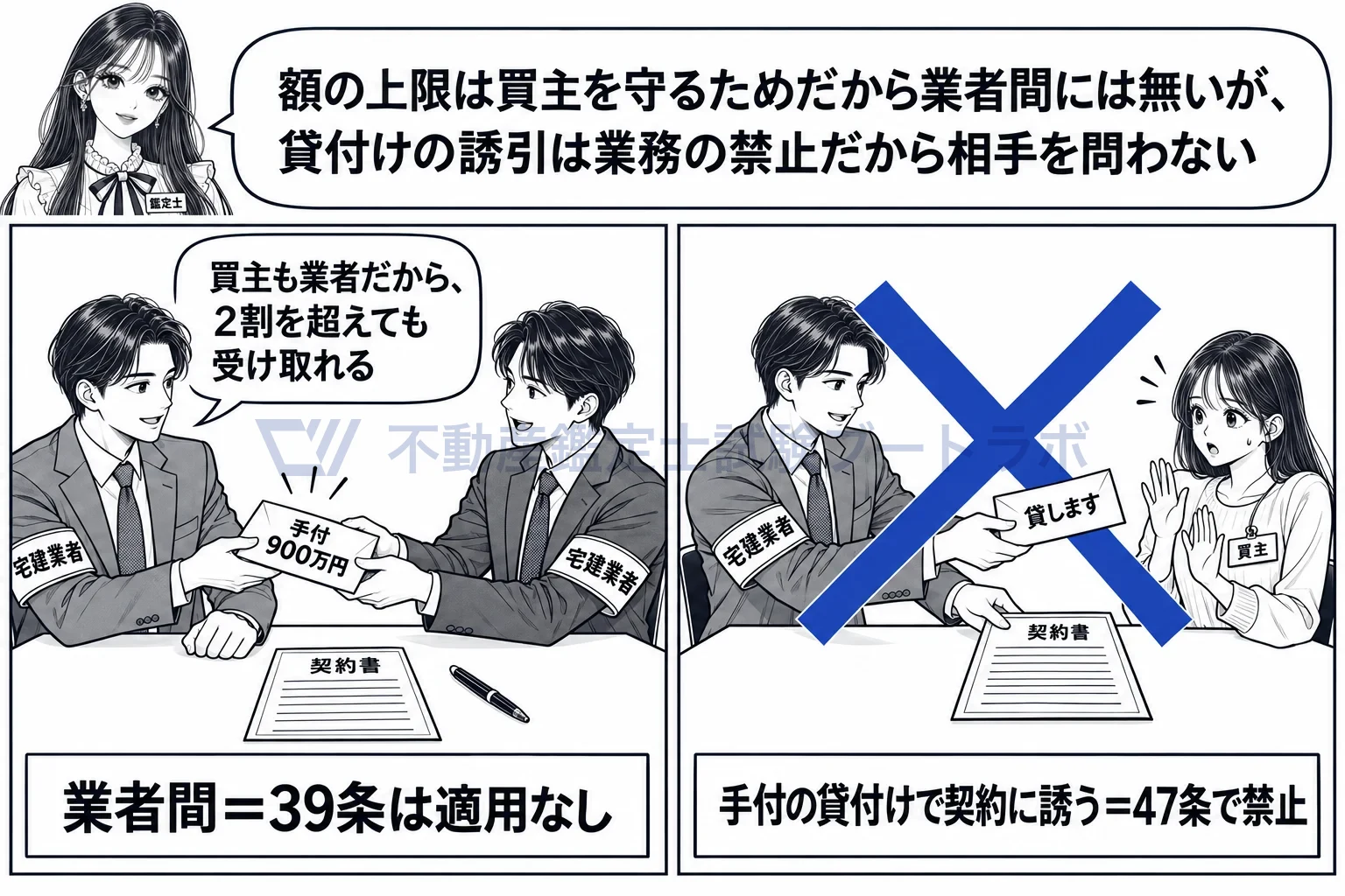 手付の額の制限の図解：買主が業者なら上限なし。手付の貸付けはどんな相手でも禁止。