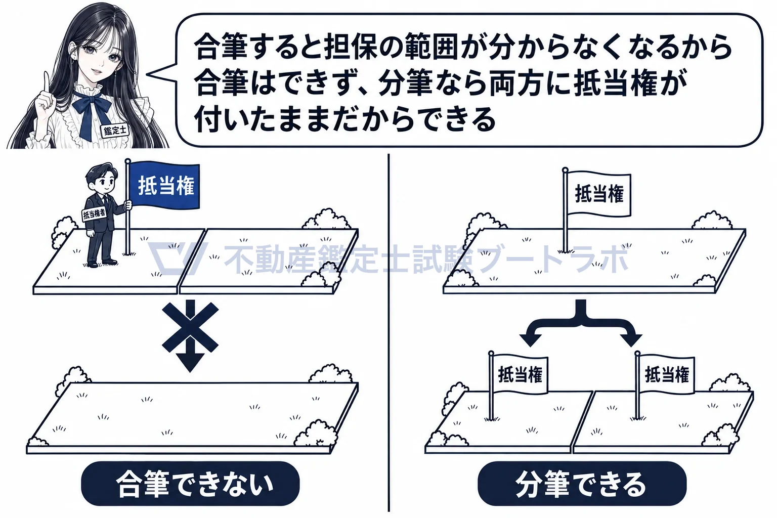 合筆の登記の図解:合筆すると担保の範囲が分からなくなる。分筆なら両方に抵当権が付いたまま。