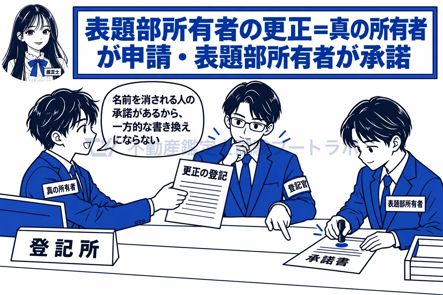 表題部所有者の図解：名前を消される人の承諾があるから、一方的な書き換えにならない。