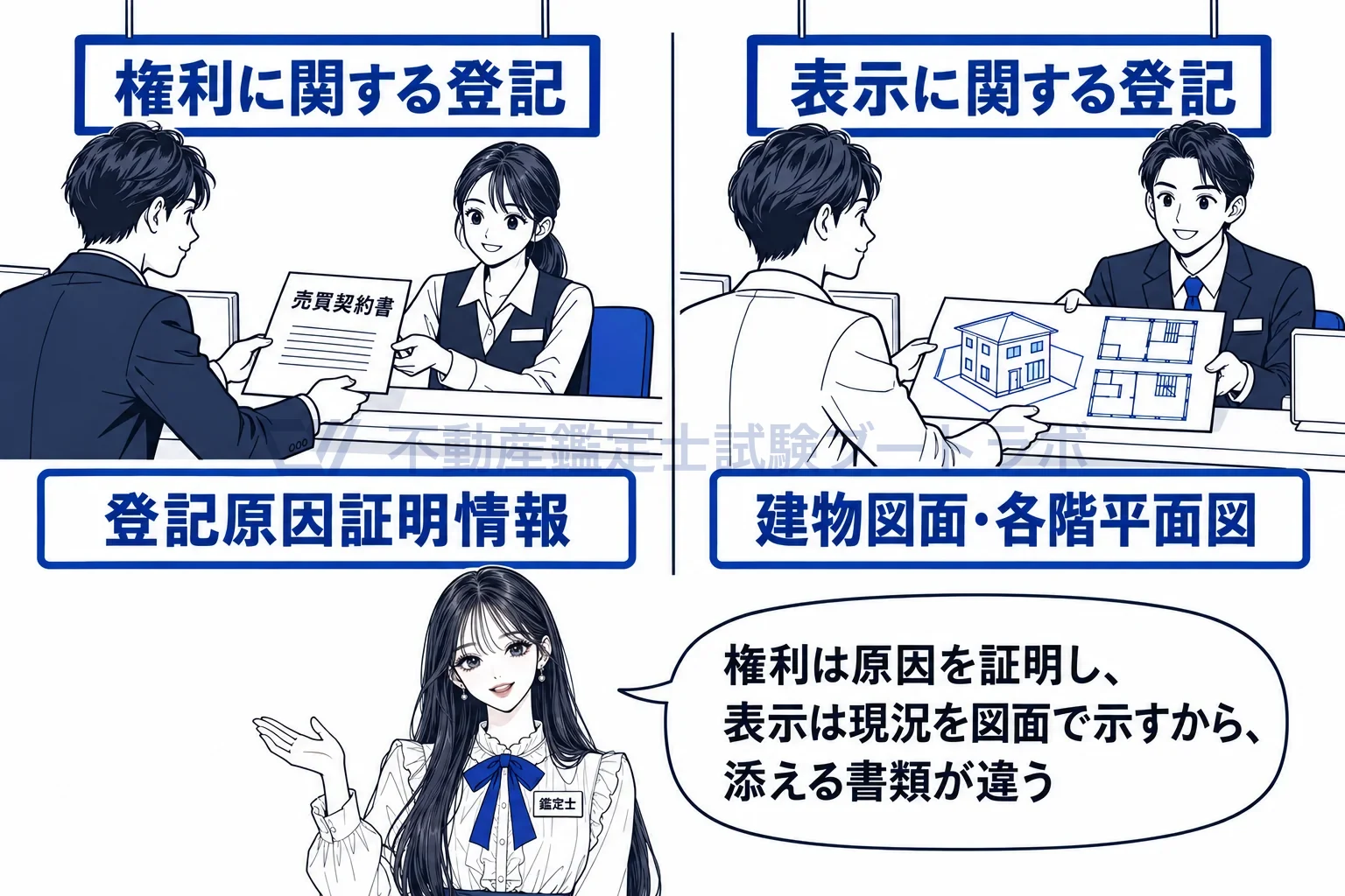 表示に関する登記の図解：権利は原因を証明し、表示は現況を図面で示す。添える書類が違う。