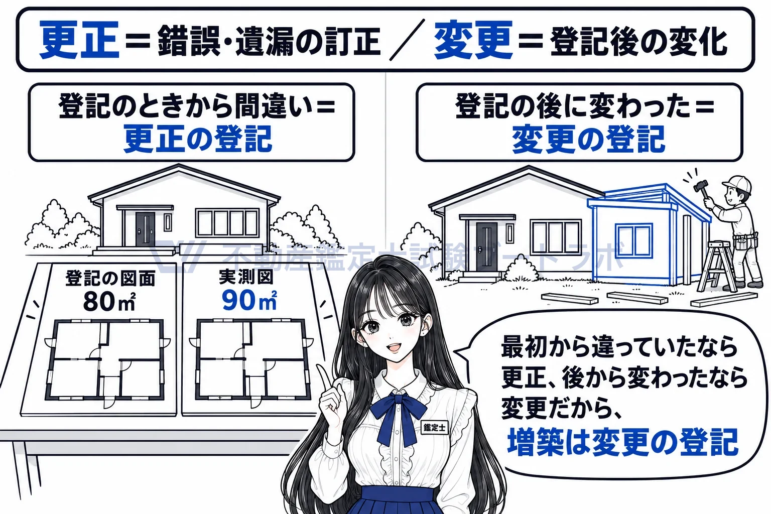 更正の登記の図解：最初から違っていたなら更正、後から変わったなら変更。増築は変更の登記。
