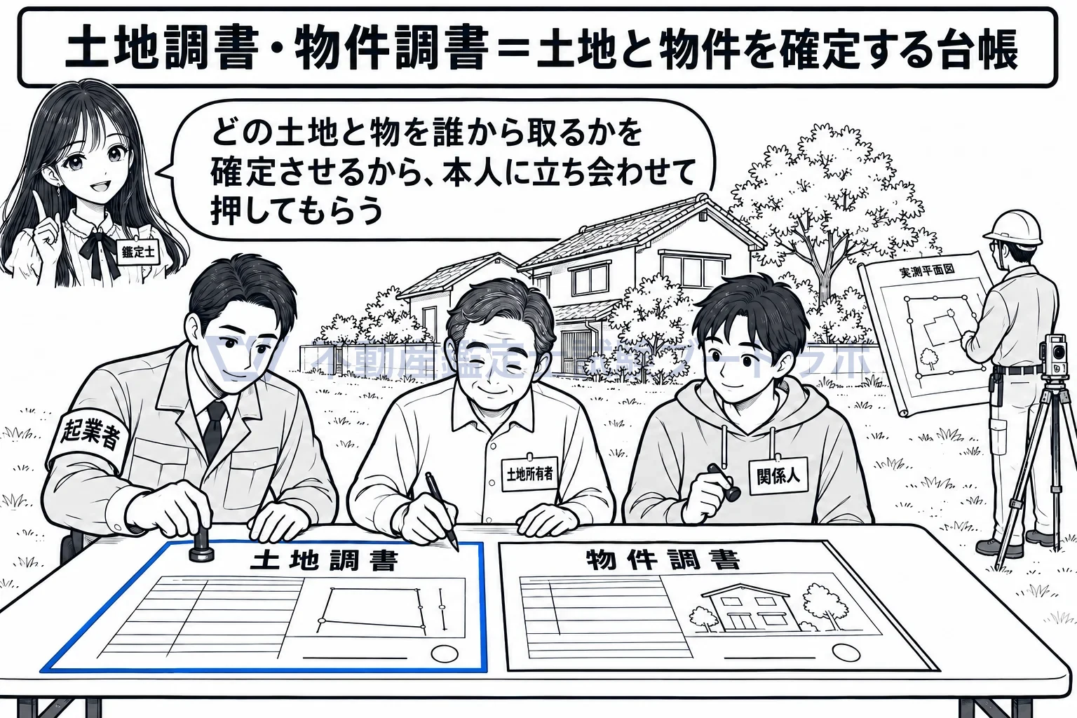 土地調書・物件調書の図解：どの土地と物を誰から取るかを確定する台帳。本人を立ち会わせて押してもらう。