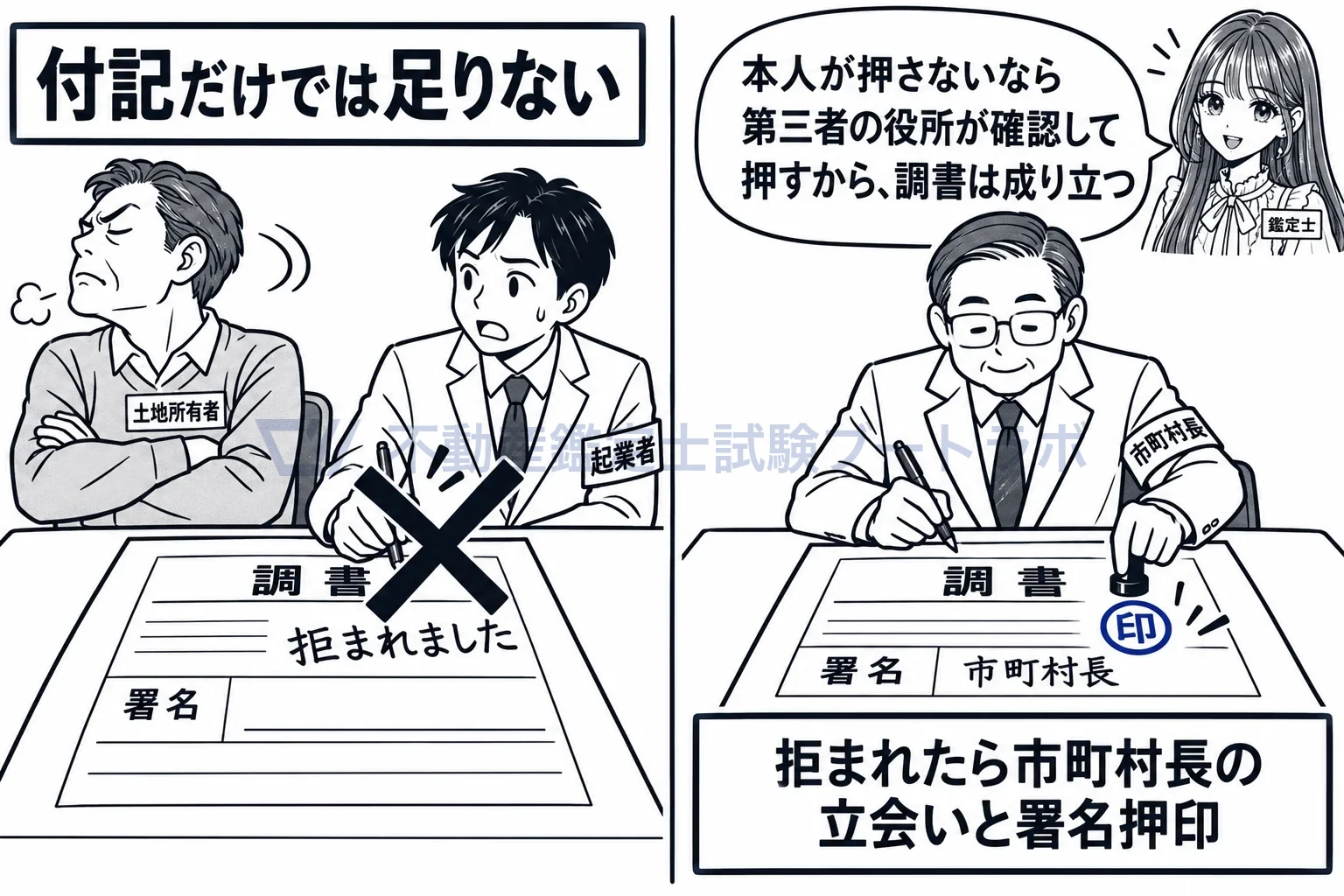 土地調書・物件調書の図解：本人が押さないなら、第三者の役所である市町村長が立ち会って押す。