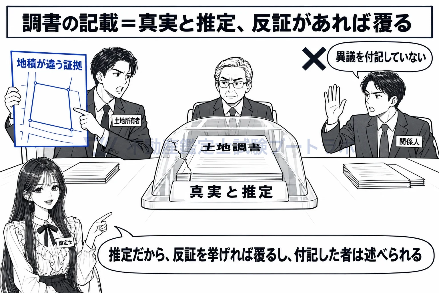 土地調書・物件調書の図解：調書の記載は真実と推定されるが、反証を挙げれば覆る。