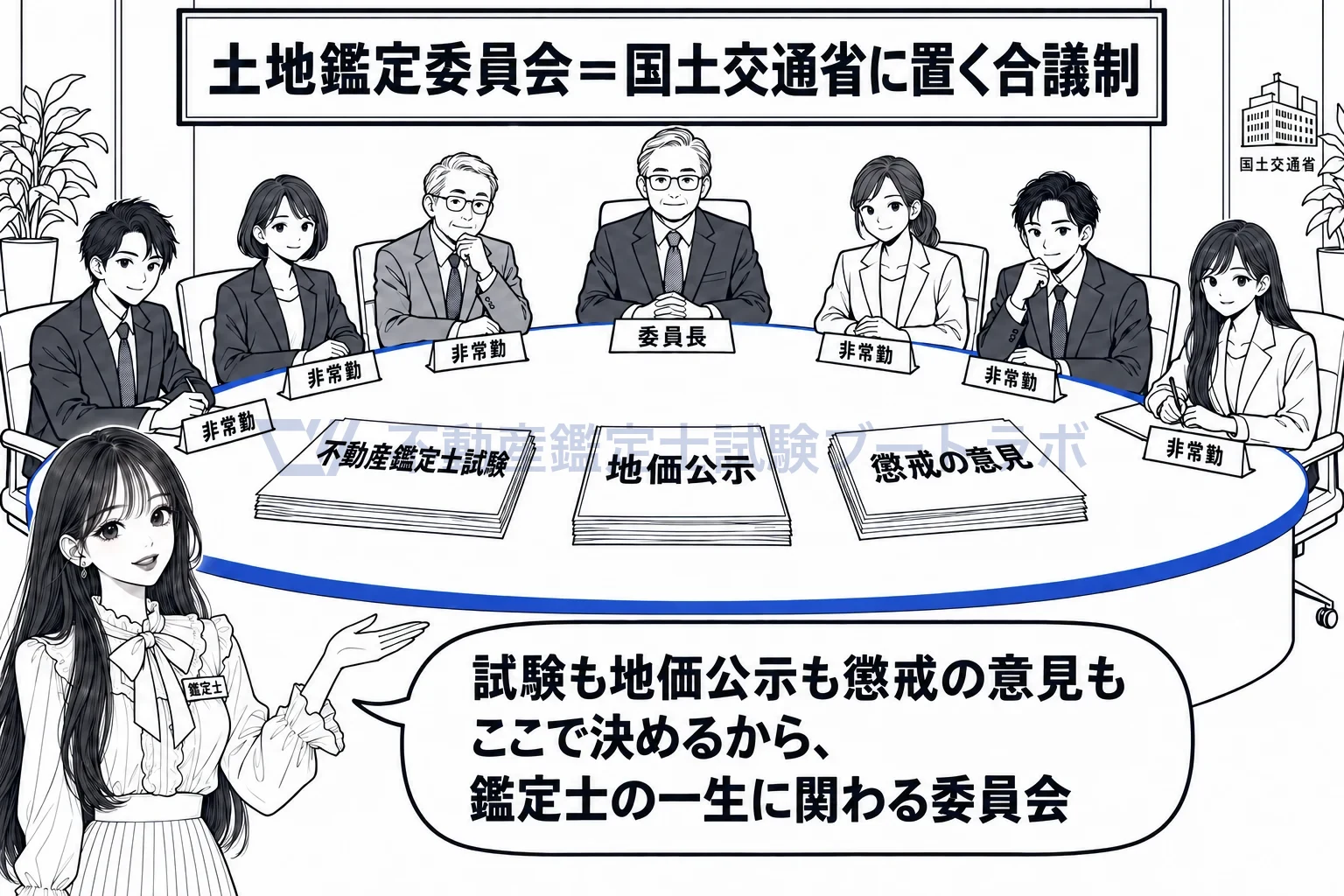 土地鑑定委員会の図解:試験も地価公示も懲戒の意見も、7人の委員会が受け持つ。