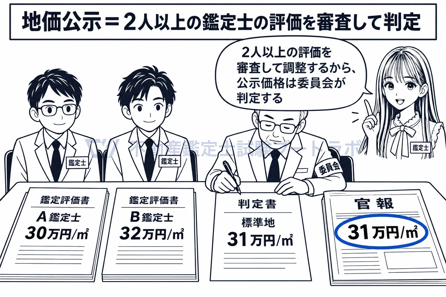 土地鑑定委員会の図解:2人以上の鑑定士の評価を審査して調整するから、公示価格は委員会が判定する。