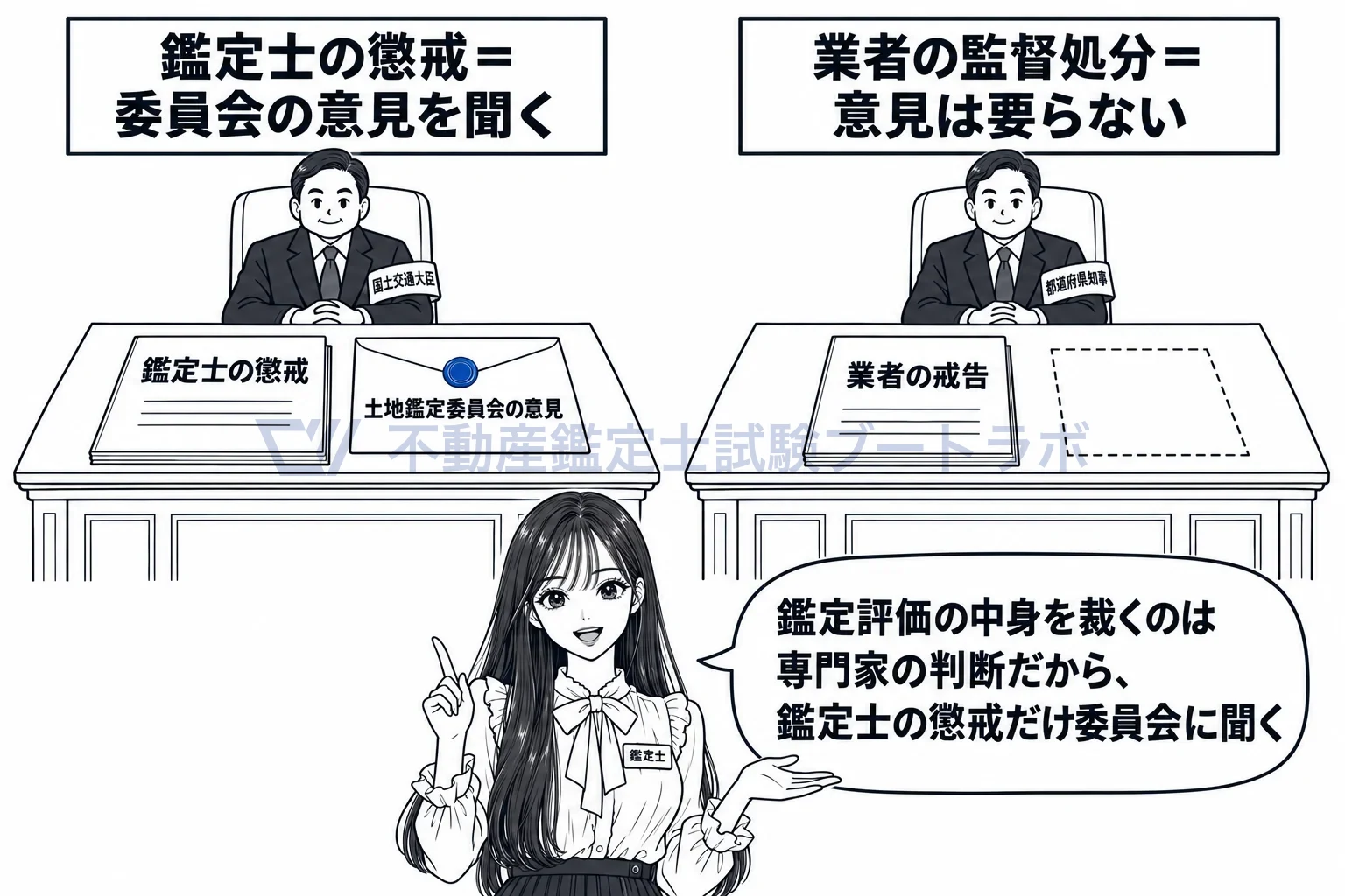 土地鑑定委員会の図解:鑑定士の懲戒には委員会の意見が要り、業者の監督処分には要らない。