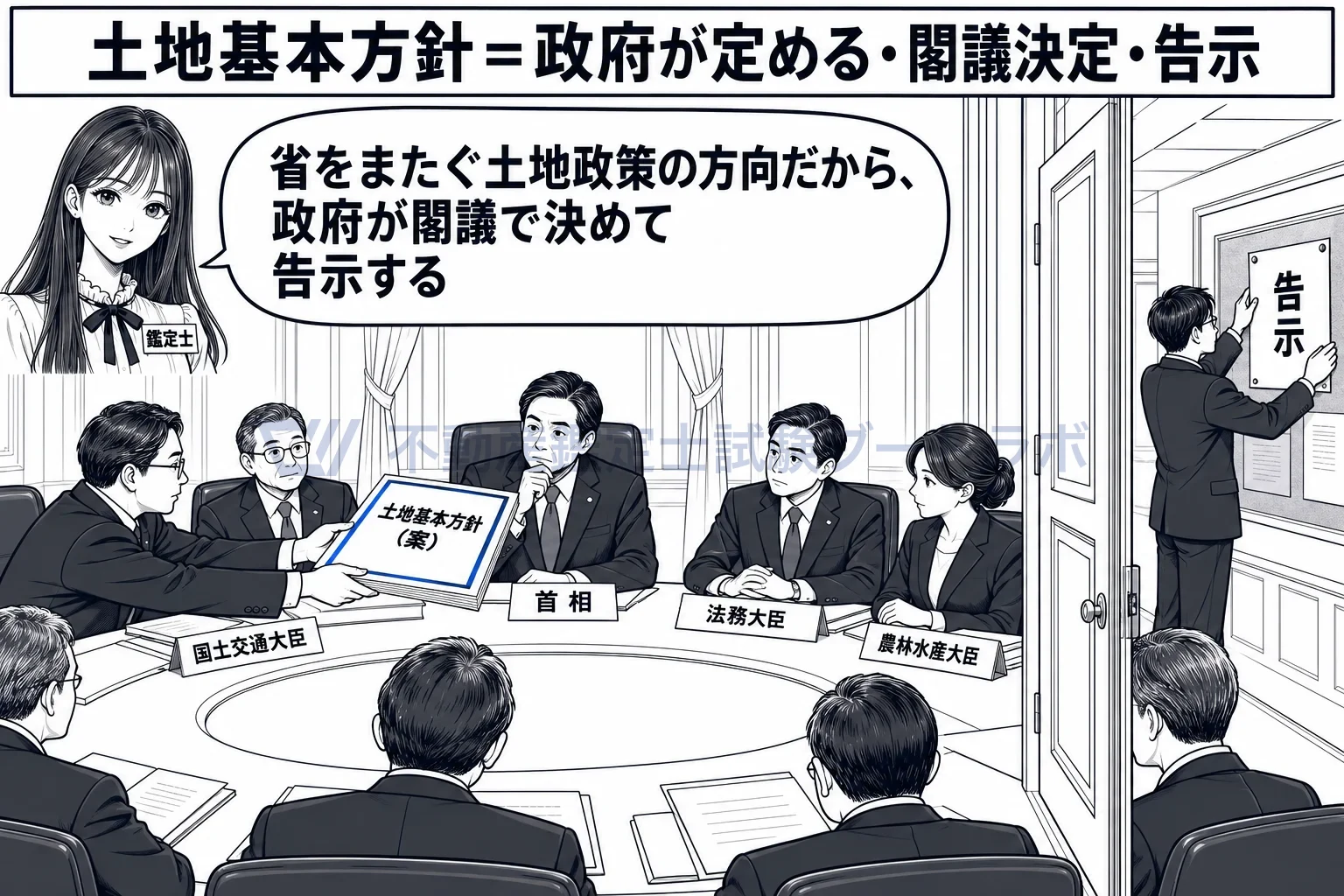 土地基本方針の図解:国全体の土地政策の方向だから、政府が閣議で決める。