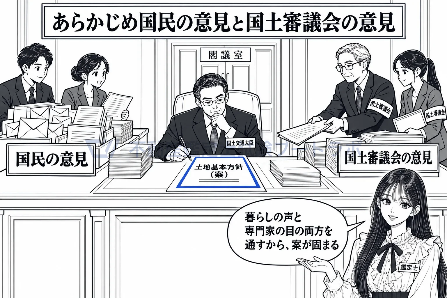 土地基本方針の図解:国民の意見と国土審議会の意見を通してから、閣議へ。